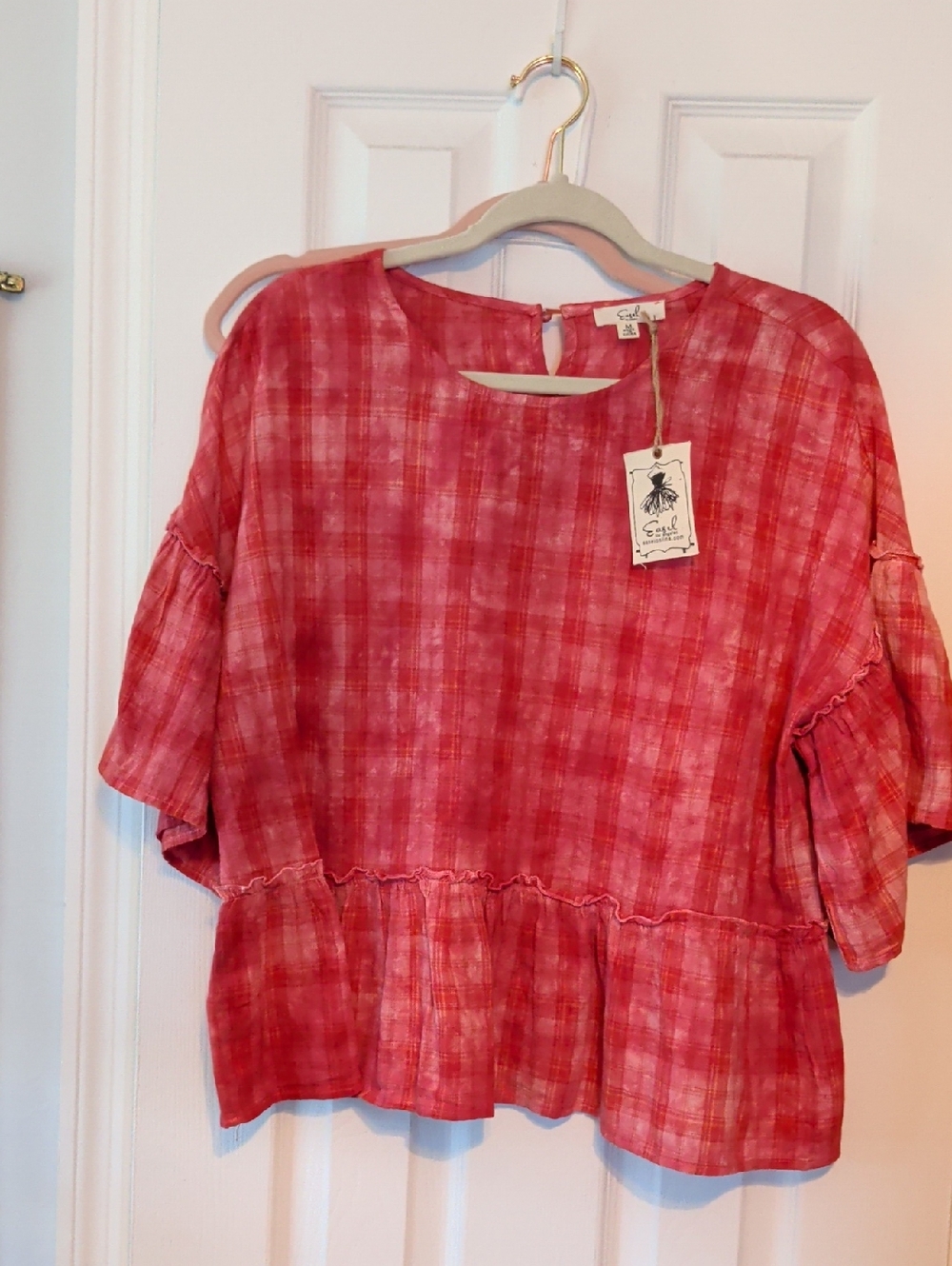 Easel Pink/Red Plaid W/Peplum And Dropped Full Sleeved Tunic Sz Med NWT